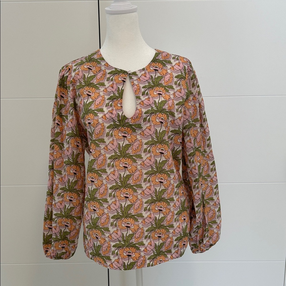 J. Crew Pink and Green Floral Keyhole Blouse
